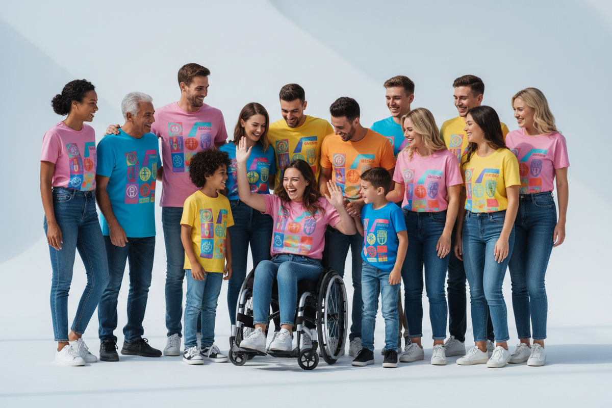 A group of people, including a woman in a wheelchair, including an asian male and female, wearing matching colorful graphic t-shirts in pink, yellow, blue, and orange, posed together against a clean light gray studio background.
